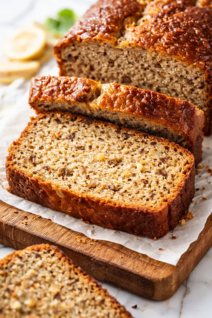 Moist protein banana bread slice with visible banana chunks and a golden brown crust on a wooden cutting board