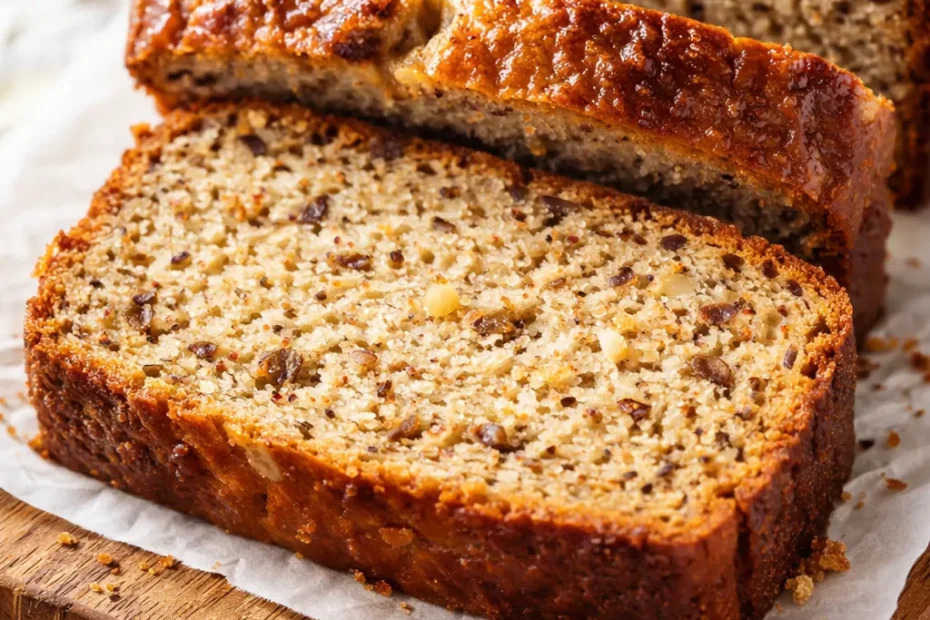 Moist protein banana bread slice with visible banana chunks and a golden brown crust on a wooden cutting board