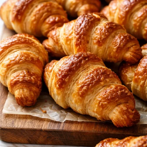 Golden-brown flaky croissant rolls drizzled with glossy maple glaze and topped with fresh rosemary sprigs, showing salted maple & rosemary croissant rolls.
