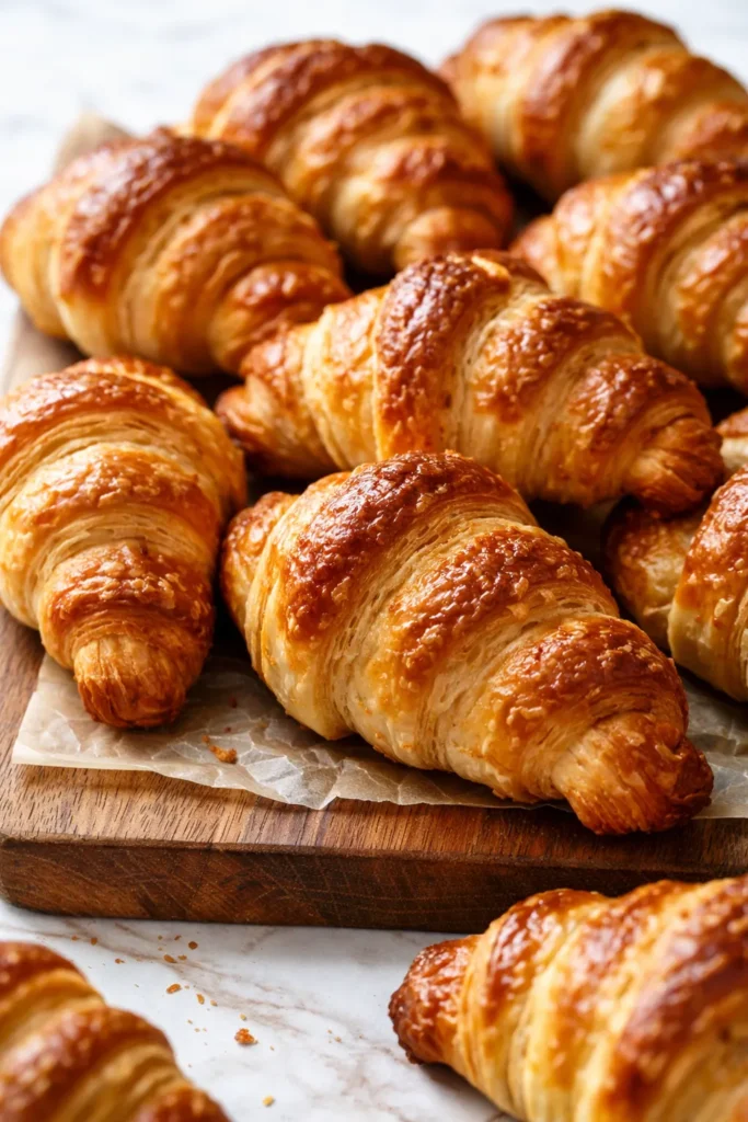 Golden-brown flaky croissant rolls drizzled with glossy maple glaze and topped with fresh rosemary sprigs, showing salted maple & rosemary croissant rolls.