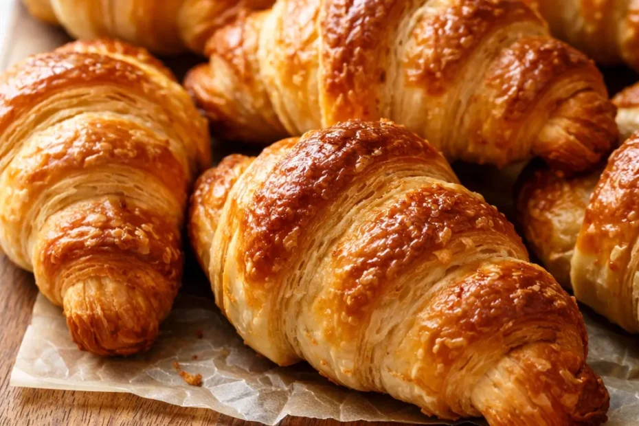 Golden-brown flaky croissant rolls drizzled with glossy maple glaze and topped with fresh rosemary sprigs, showing salted maple & rosemary croissant rolls.