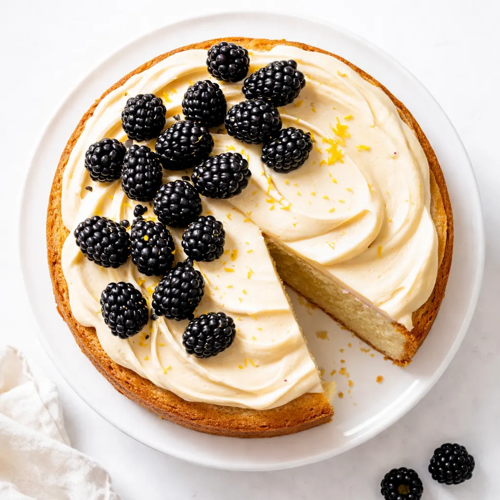 Lemon buttermilk batter for Snoopy summer cake with tender crumb and brown butter frosting being spread over the cake