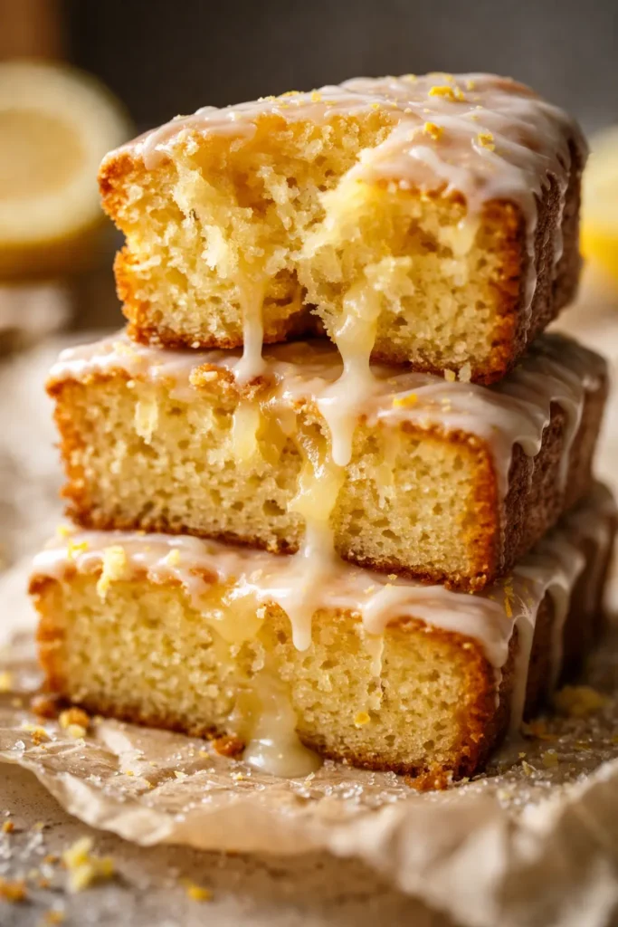 Ultra-moist Starbucks copycat lemon loaf with glossy lemon glaze on a white plate