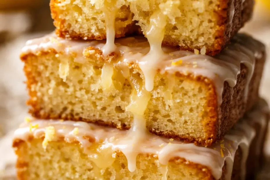 Ultra-moist Starbucks copycat lemon loaf with glossy lemon glaze on a white plate