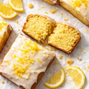 Moist lemon loaf being drizzled with creamy glaze, golden-brown crust visible