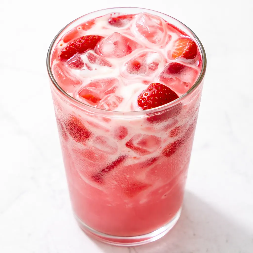 Pouring creamy coconut milk into a vibrant pink drink, creating a layered float with ice cubes visible.