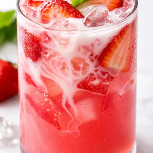 Tall glass of vibrant pink Starbucks copycat drink topped with a creamy white coconut milk float and ice cubes.