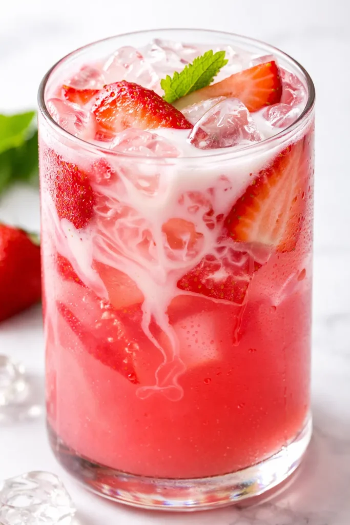 Tall glass of vibrant pink Starbucks copycat drink topped with a creamy white coconut milk float and ice cubes.