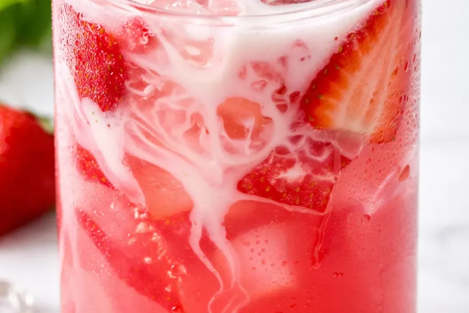 Tall glass of vibrant pink Starbucks copycat drink topped with a creamy white coconut milk float and ice cubes.