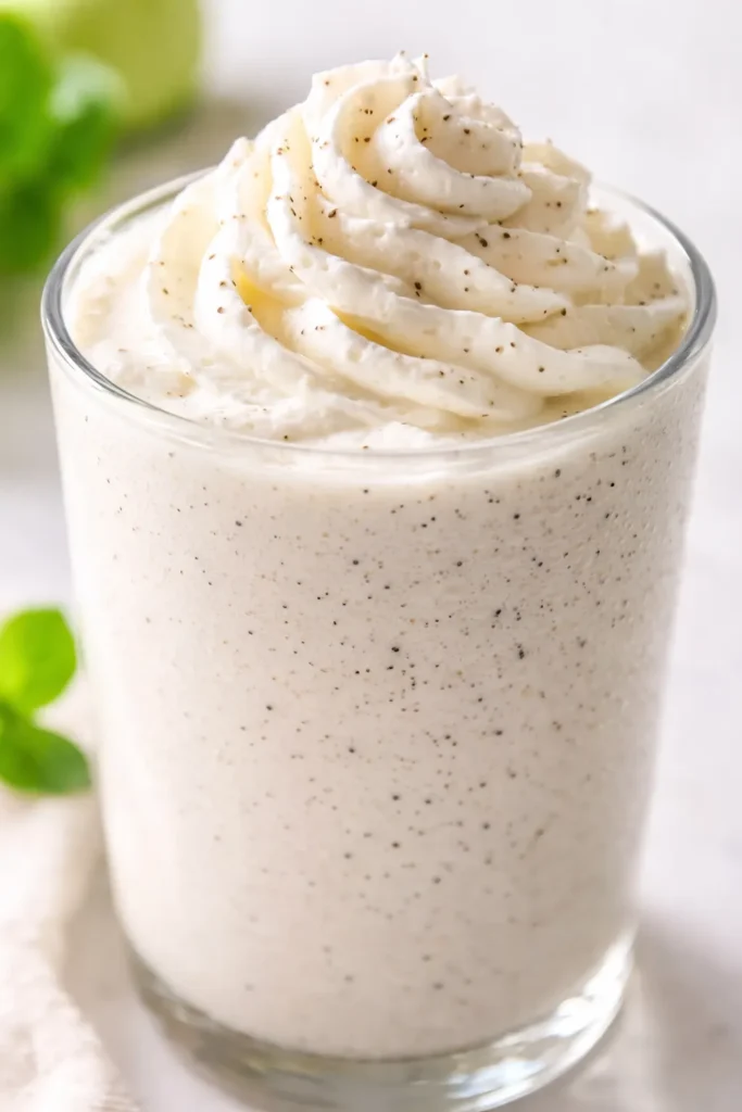 Creamy homemade Starbucks vanilla bean copycat Frappuccino in a tall glass, topped with whipped cream and visible vanilla bean specks.