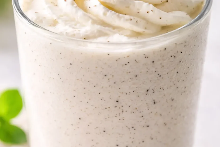 Creamy homemade Starbucks vanilla bean copycat Frappuccino in a tall glass, topped with whipped cream and visible vanilla bean specks.