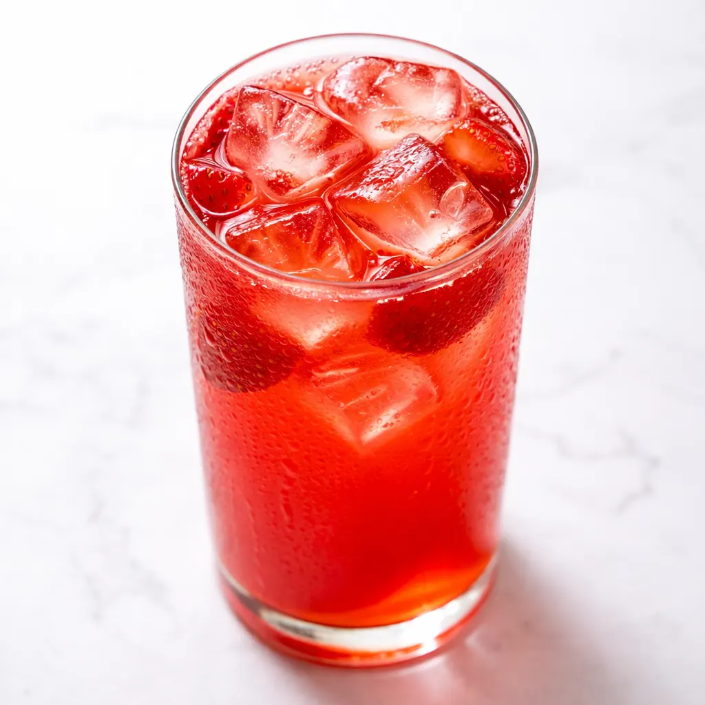 Pouring brilliant red strawberry syrup into a glass pitcher of vibrant strawberry lemonade with ice cubes and fresh lemon slices.