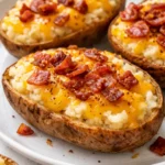 Twice baked breakfast potatoes with crispy golden tops, melted cheese, and fresh chives on a rustic plate
