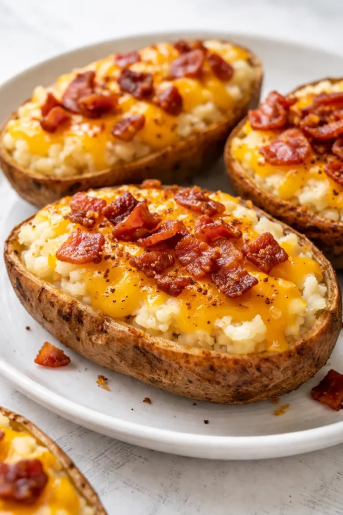 Twice baked breakfast potatoes with crispy golden tops, melted cheese, and fresh chives on a rustic plate
