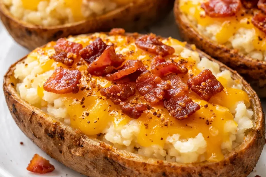 Twice baked breakfast potatoes with crispy golden tops, melted cheese, and fresh chives on a rustic plate