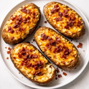Twice baked breakfast potatoes with creamy cheese filling and crispy bacon bits, ready for second bake.