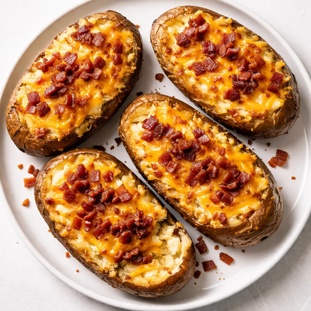 Twice baked breakfast potatoes with creamy cheese filling and crispy bacon bits, ready for second bake.