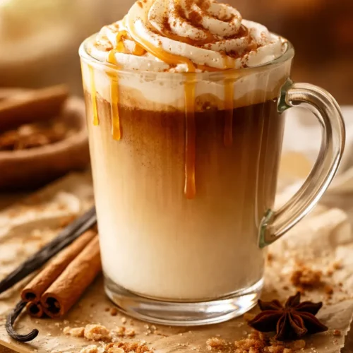 Rich vanilla cinnamon latte in a white ceramic mug with delicate froth and a cinnamon stick garnish, steam rising above, warm golden lighting.