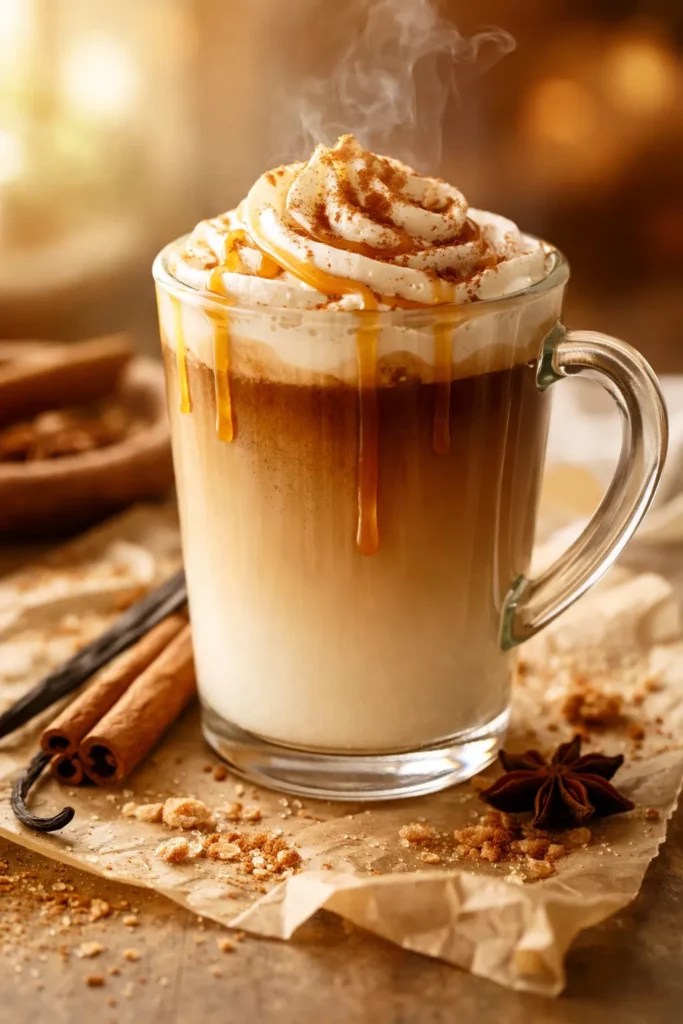 Rich vanilla cinnamon latte in a white ceramic mug with delicate froth and a cinnamon stick garnish, steam rising above, warm golden lighting.