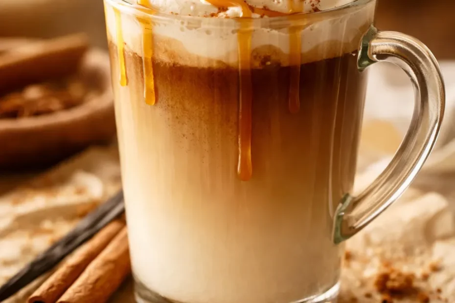 Rich vanilla cinnamon latte in a white ceramic mug with delicate froth and a cinnamon stick garnish, steam rising above, warm golden lighting.