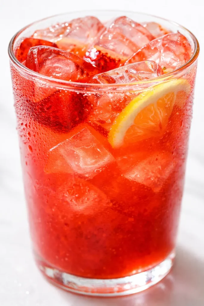 Vibrant strawberry lemonade with brilliant red syrup no artificial color, served in a glass with ice and fresh strawberries.