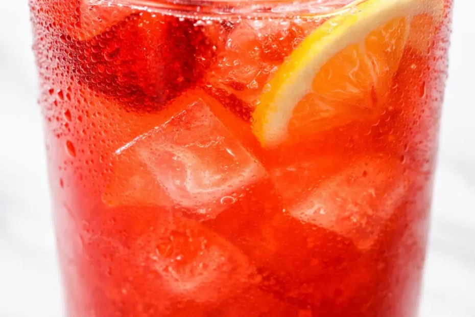 Vibrant strawberry lemonade with brilliant red syrup no artificial color, served in a glass with ice and fresh strawberries.