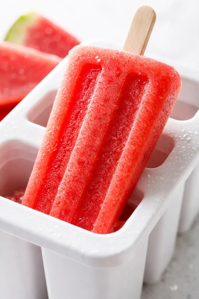 Three vibrant watermelon popsicles on wooden sticks, showing a smooth red texture with tiny black seeds, bathed in soft sunlight.