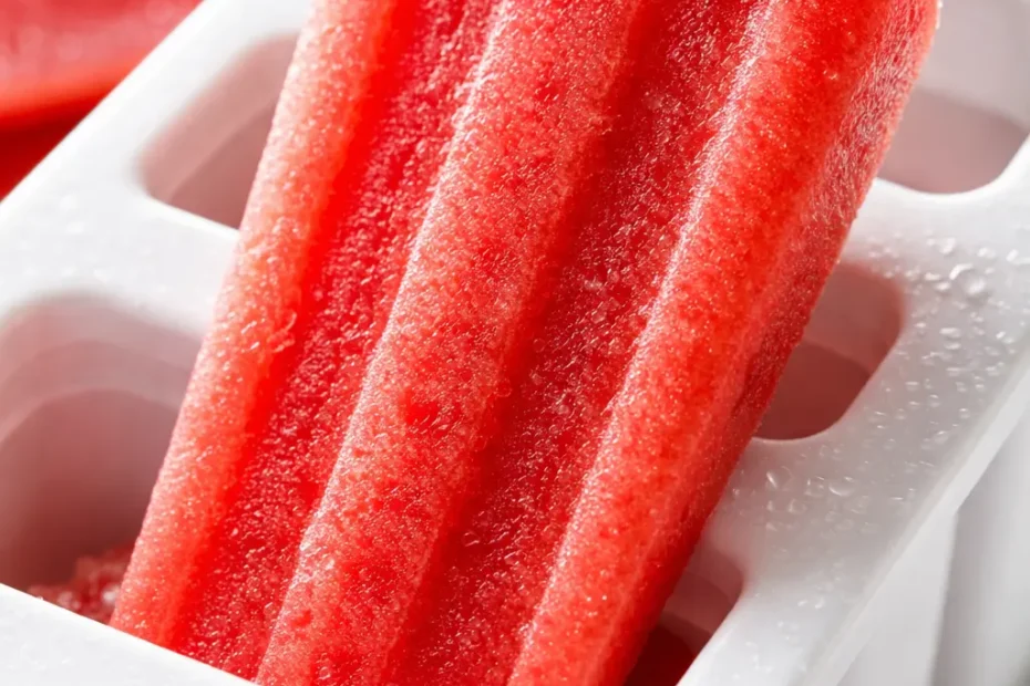 Three vibrant watermelon popsicles on wooden sticks, showing a smooth red texture with tiny black seeds, bathed in soft sunlight.