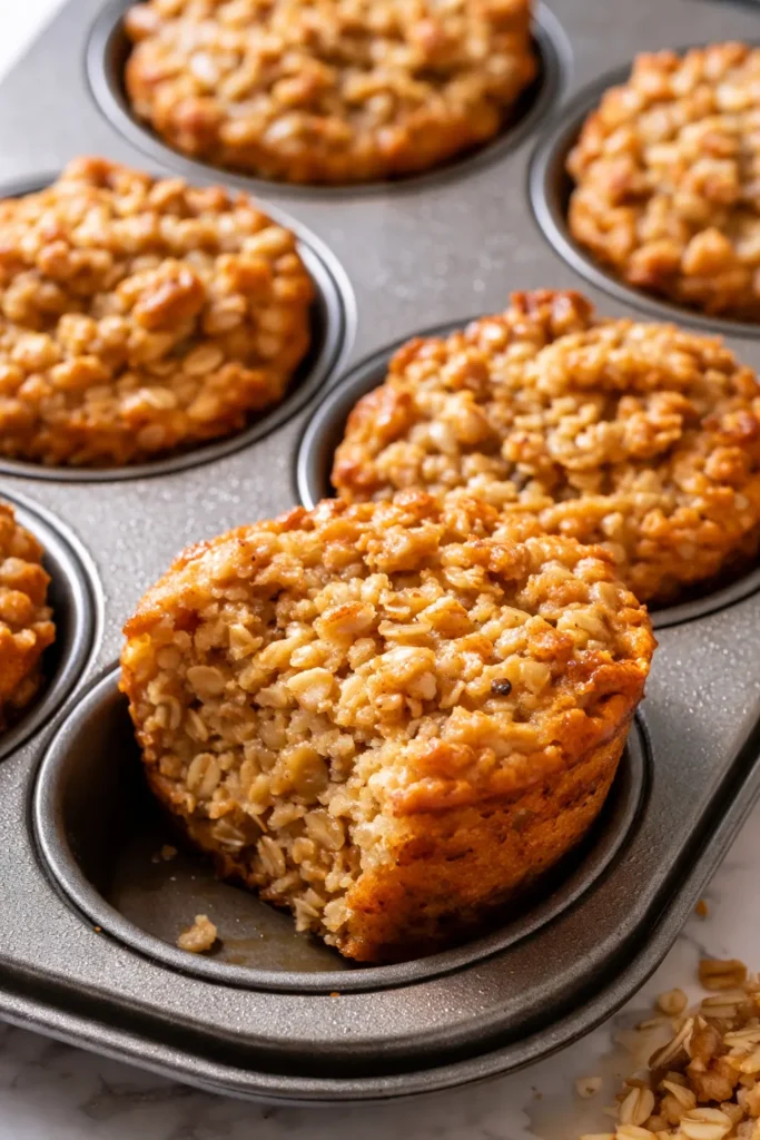Golden baked oatmeal cups with crispy edges and soft centers, displayed on a rustic plate.