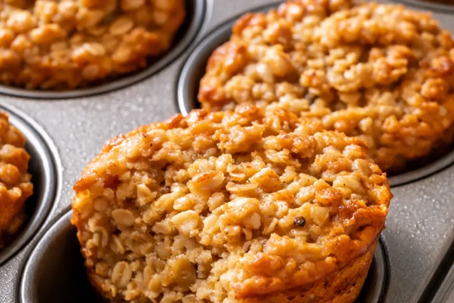 Golden baked oatmeal cups with crispy edges and soft centers, displayed on a rustic plate.