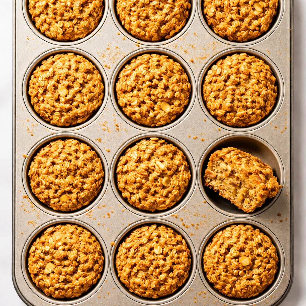 Spooning golden oatmeal mixture into a greased muffin tin, with oats and dried fruit visible.