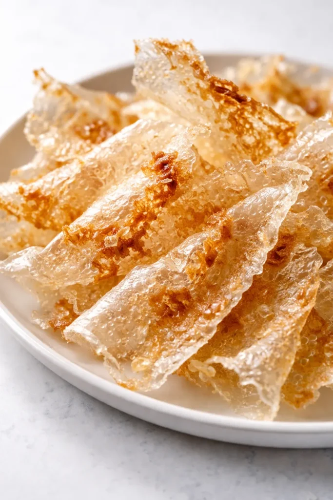 Crispy golden air fryer rice paper chips shattering with each bite, served in a bowl.