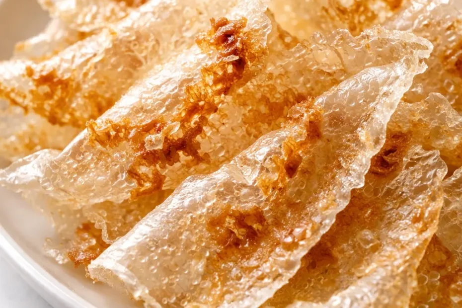 Crispy golden air fryer rice paper chips shattering with each bite, served in a bowl.