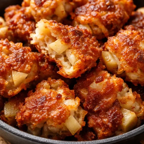 Crispy, golden brown apple fritter bites dusted with cinnamon sugar, showing soft apple chunks inside.