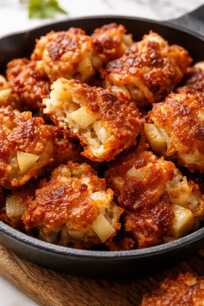 Crispy, golden brown apple fritter bites dusted with cinnamon sugar, showing soft apple chunks inside.