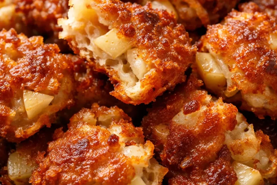 Crispy, golden brown apple fritter bites dusted with cinnamon sugar, showing soft apple chunks inside.