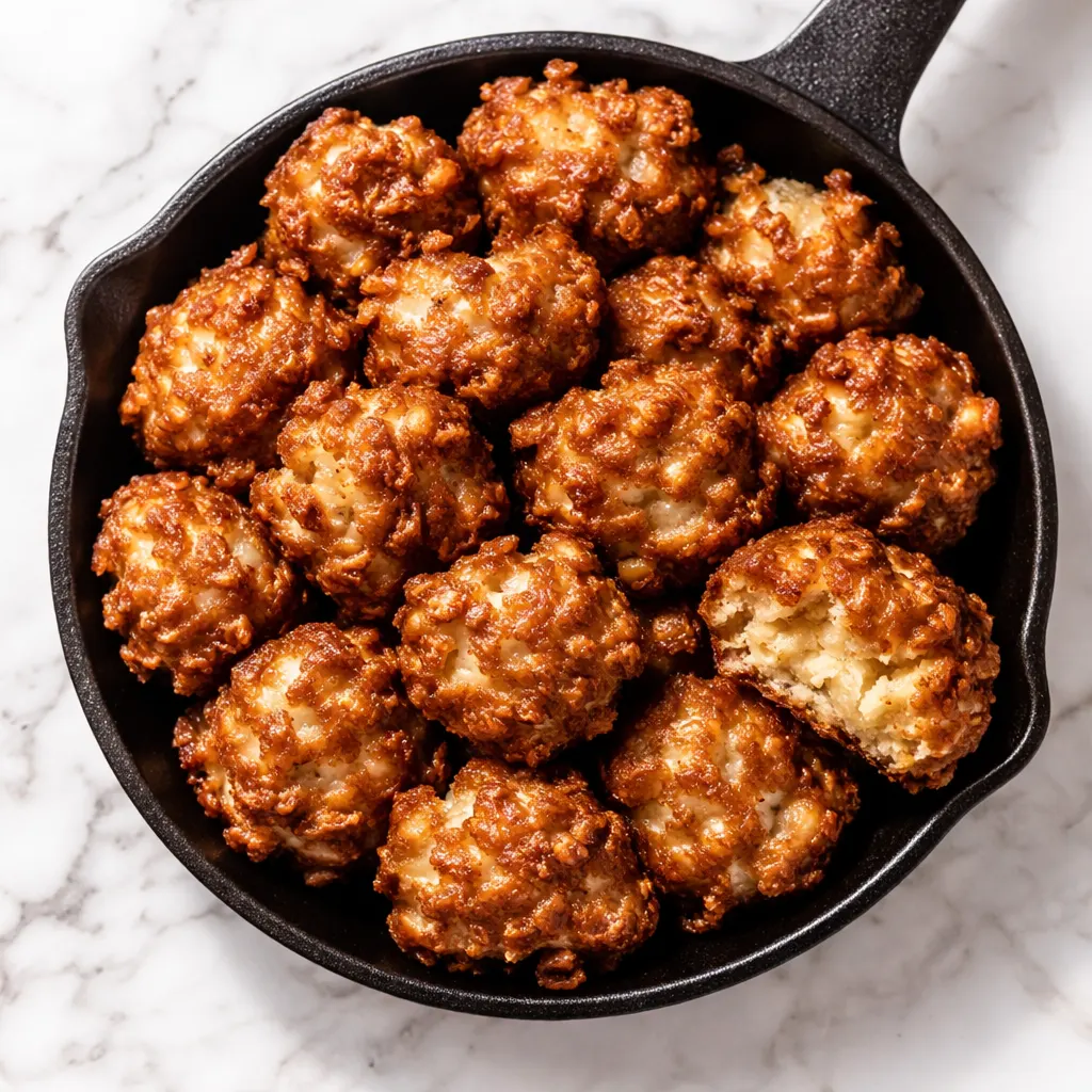 Battered apple pieces sizzling in hot oil, golden brown apple fritter bites with cinnamon sugar coating on a rack, crispy texture visible.