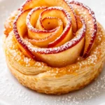 Golden baked apple rose pastry blooms with delicate spiral layers and a light dusting of powdered sugar on a dark plate