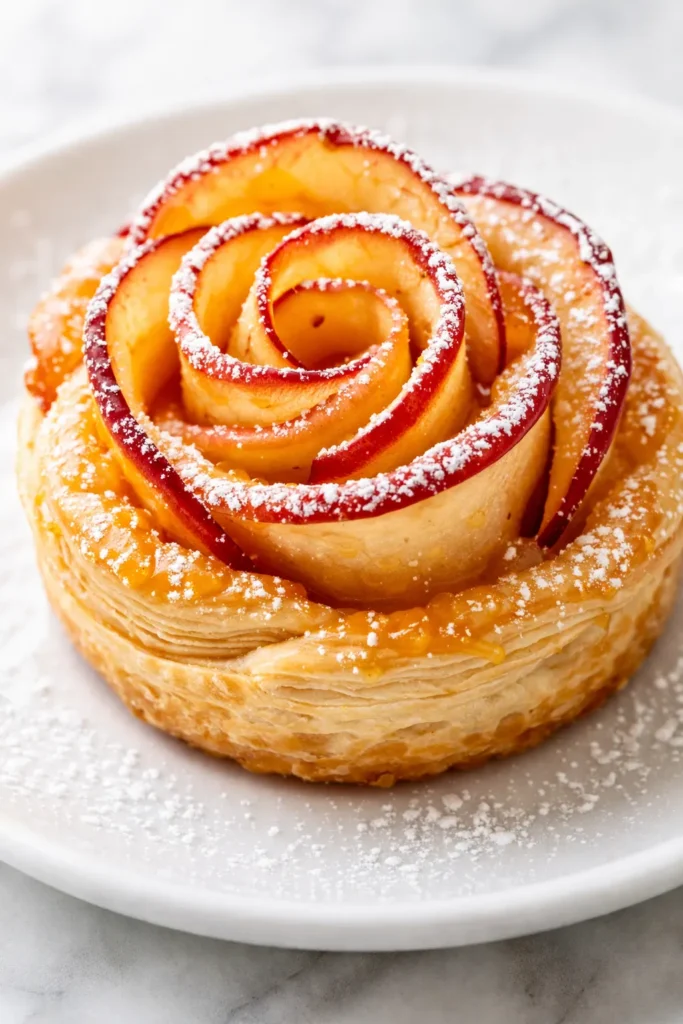 Golden baked apple rose pastry blooms with delicate spiral layers and a light dusting of powdered sugar on a dark plate