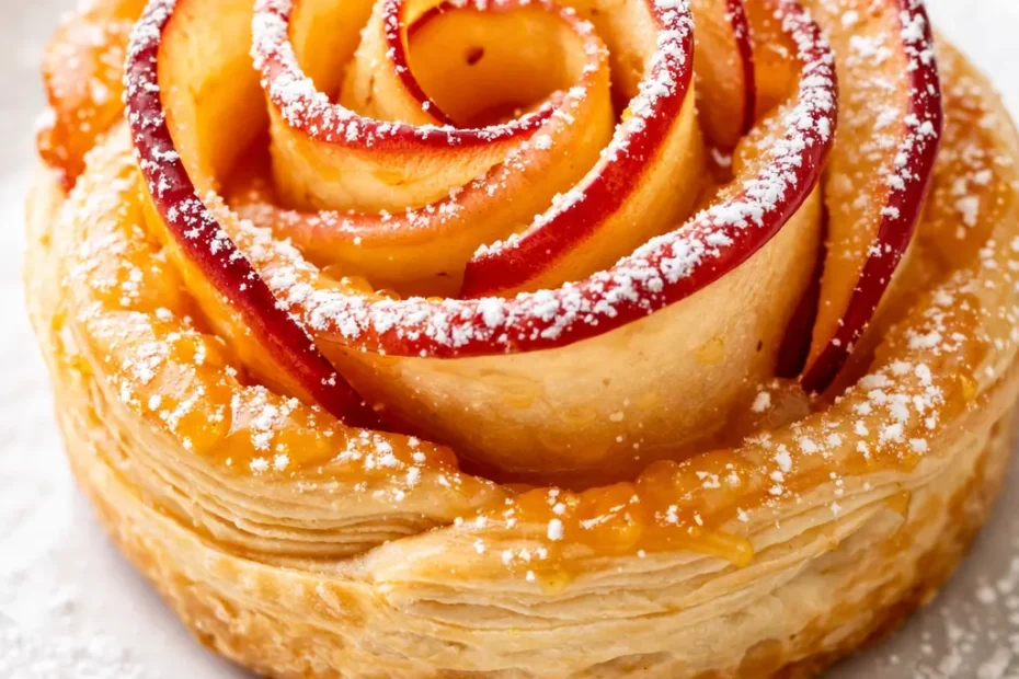 Golden baked apple rose pastry blooms with delicate spiral layers and a light dusting of powdered sugar on a dark plate