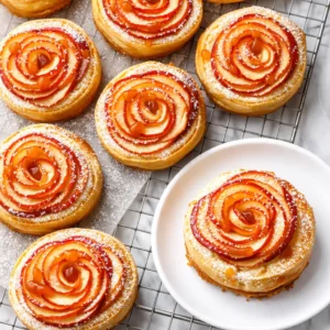 Thin apple slices arranged in a spiral over flaky pastry, forming a rose bloom with golden brown edges in a process shot.