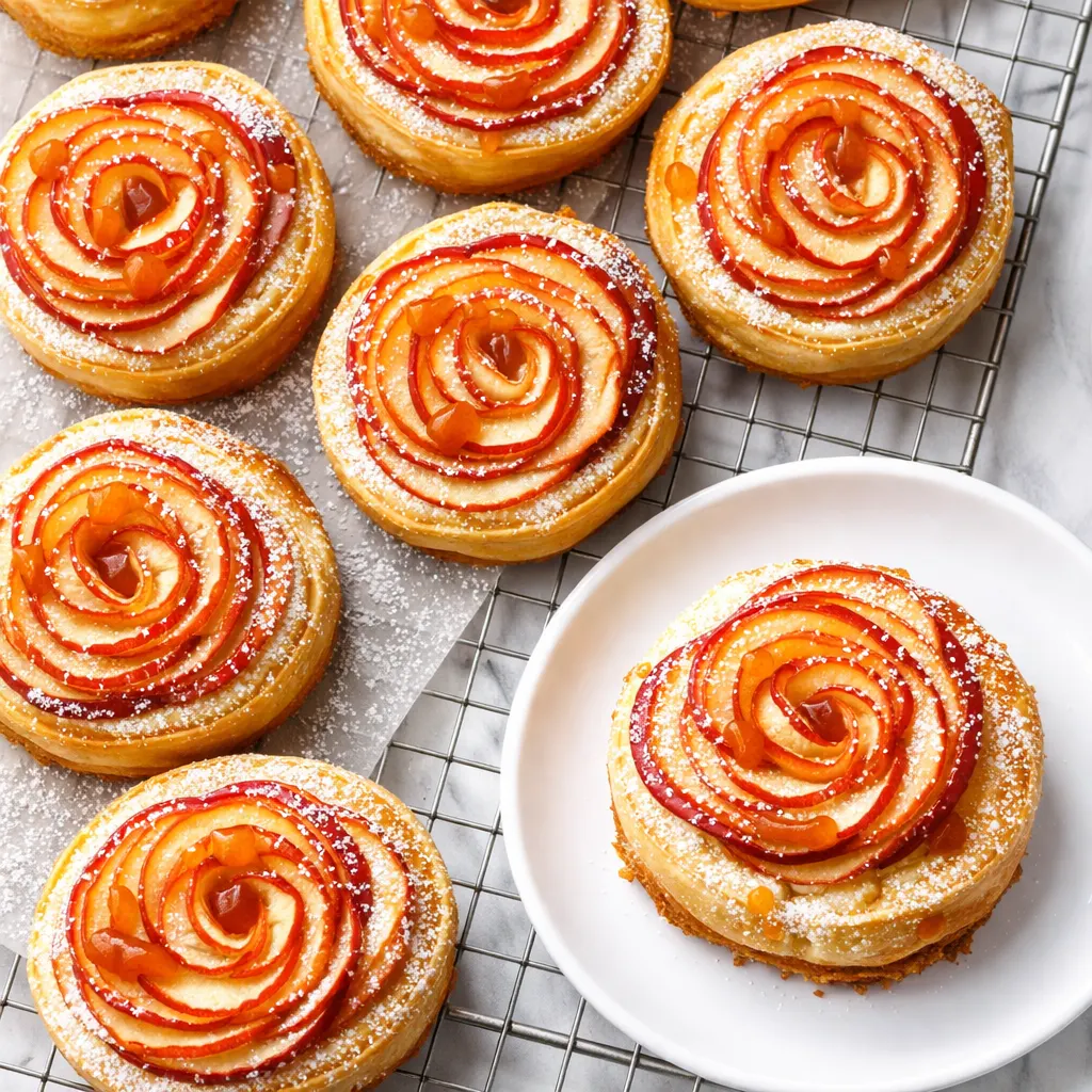 Thin apple slices arranged in a spiral over flaky pastry, forming a rose bloom with golden brown edges in a process shot.