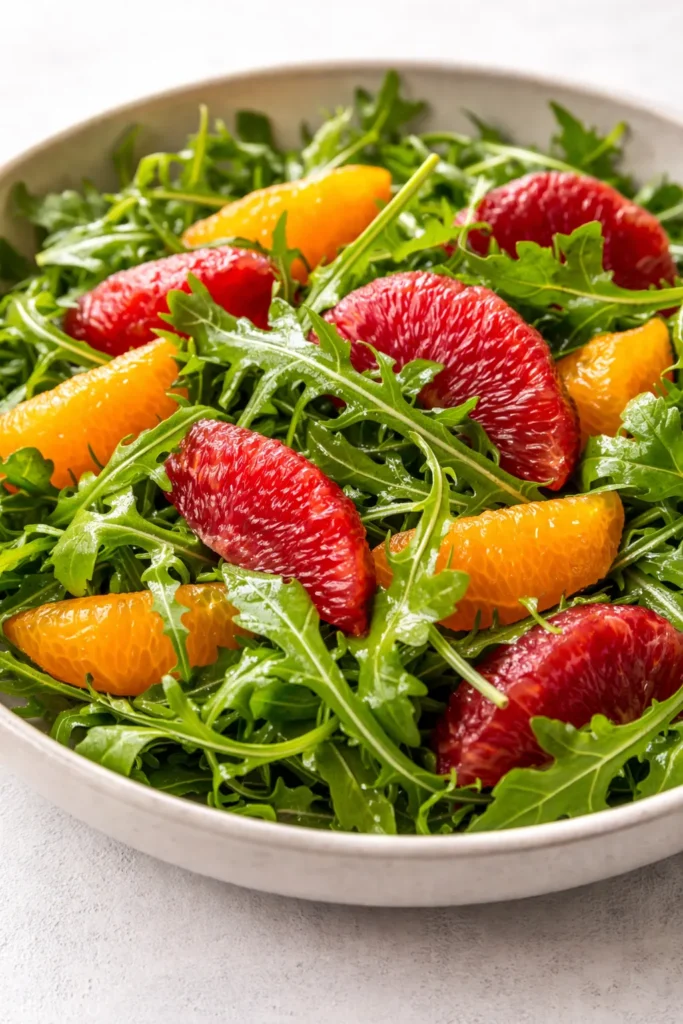Bright arugula citrus salad with orange segments, grapefruit, red onion, and toasted almonds on a white plate, fresh and vibrant.