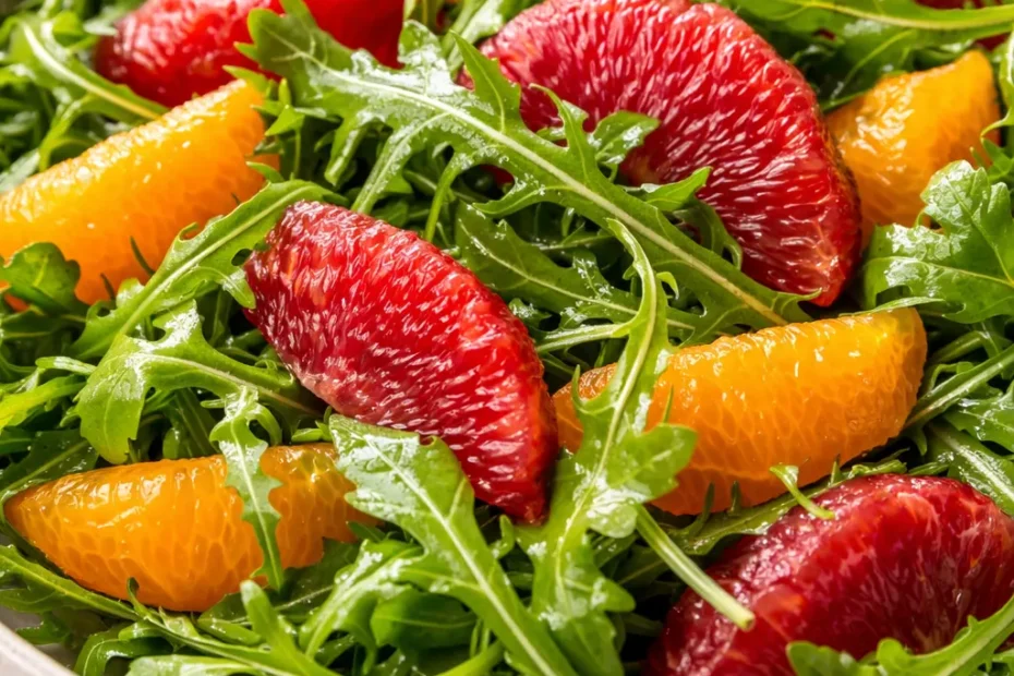 Bright arugula citrus salad with orange segments, grapefruit, red onion, and toasted almonds on a white plate, fresh and vibrant.