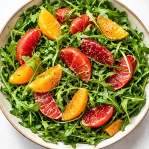 Fresh arugula and orange segments tossed in a wooden bowl with a light vinaigrette, vibrant greens and citrus colors.