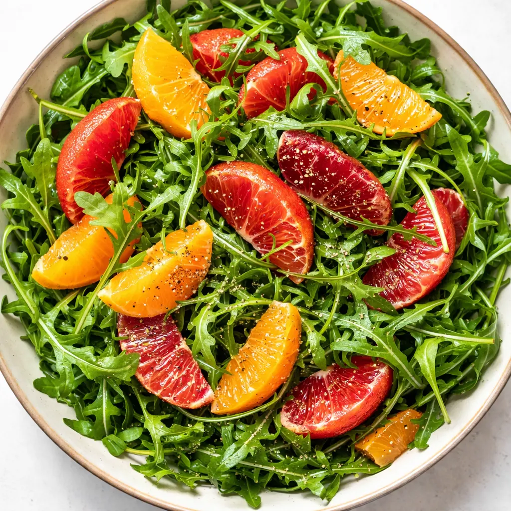 Fresh arugula and orange segments tossed in a wooden bowl with a light vinaigrette, vibrant greens and citrus colors.