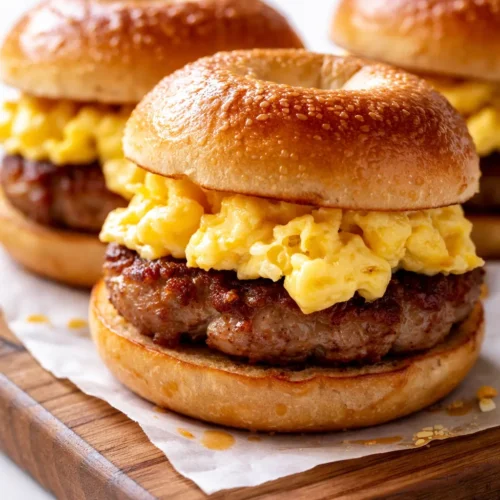 Golden bagel breakfast sliders with melted cheese, crispy bacon, and fluffy scrambled eggs, ready in 25 minutes