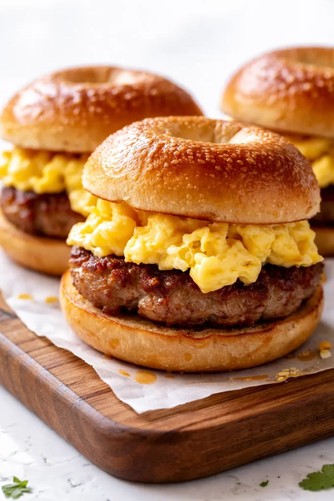 Golden bagel breakfast sliders with melted cheese, crispy bacon, and fluffy scrambled eggs, ready in 25 minutes