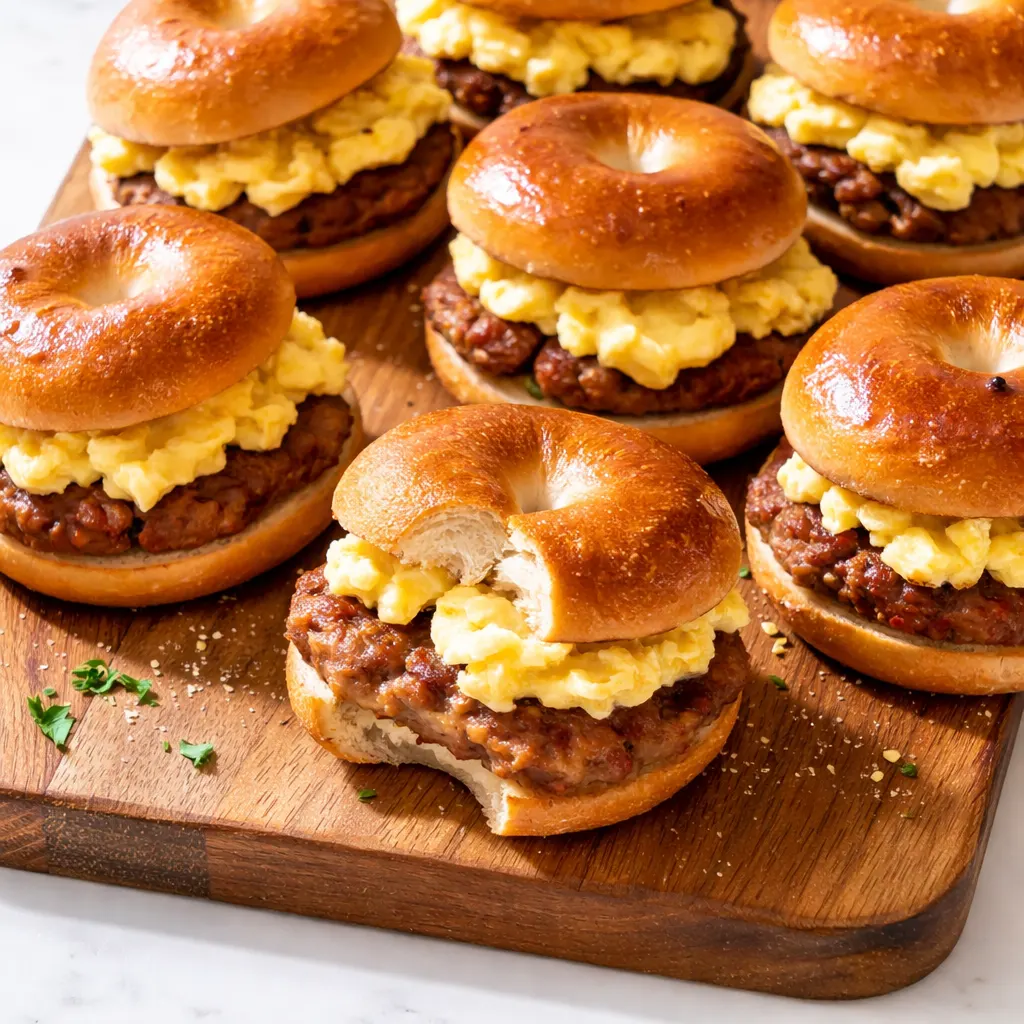 Assembling bagel breakfast sliders with layers of scrambled eggs, melted cheddar, and crisp bacon on toasted everything bagels.