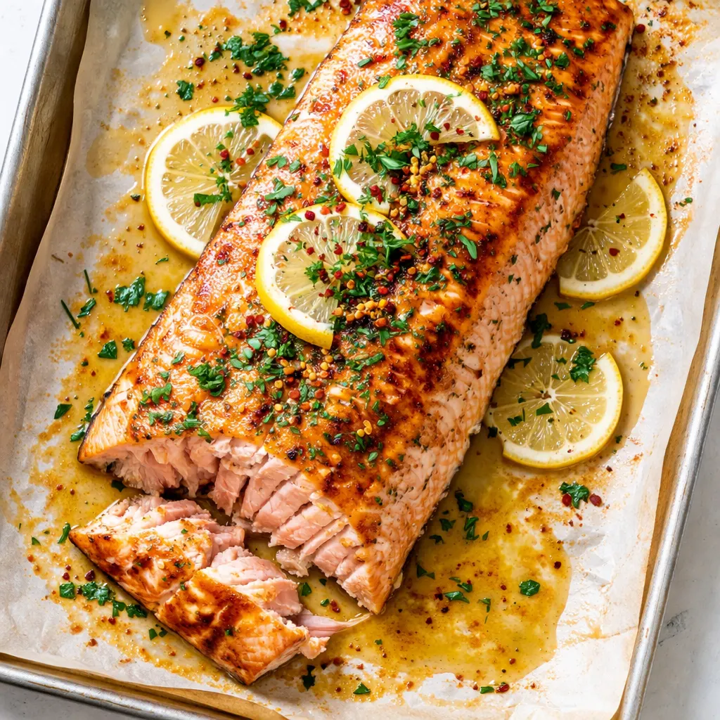 Golden baked salmon fillet topped with creamy lemon butter sauce, garnished with fresh dill and lemon slices on a white plate.